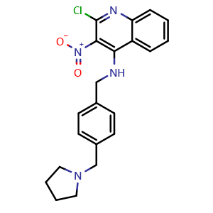 Chemical structure of 2-chloro-3-nitro-N-(4-(pyrrolidin-1-ylmethyl)benzyl)quinolin-4-amine , CAS 2810784-40-6, AChemBlock AD271291