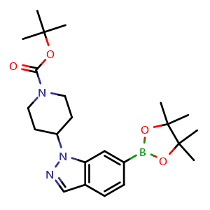 Chemical structure of tert-butyl 4-(6-(tetramethyl-1,3,2-dioxaborolan-2-yl)-1H-indazol-1-yl)piperidine-1-carboxylate , CAS 2813251-17-9, AChemBlock AD271293