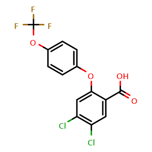 Chemical structure of 4,5-dichloro-2-(4-(trifluoromethoxy)phenoxy)benzoic acid , CAS 2827008-55-7, AChemBlock AD271297