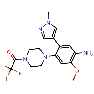 Chemical structure of 1-(4-(4-amino-5-methoxy-2-(1-methyl-1H-pyrazol-4-yl)phenyl)piperazin-1-yl)-2,2,2-trifluoroethan-1-one , CAS 2837984-10-6, AChemBlock AD271301
