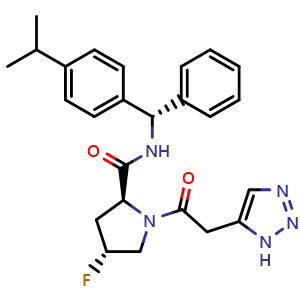 Chemical structure of (2S,4R)-1-(2-(1H-1,2,3-triazol-5-yl)acetyl)-4-fluoro-N-((S)-(4-isopropylphenyl)(phenyl)methyl)pyrrolidine-2-carboxamide , CAS 2839908-40-4, AChemBlock AD271305