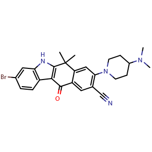 Chemical structure of 3-bromo-8-(4-(dimethylamino)piperidin-1-yl)-6,6-dimethyl-11-oxo-6,11-dihydro-5H-benzo[b]carbazole-9-carbonitrile , CAS 2861930-11-0, AChemBlock AD271313