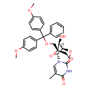 Chemical structure of 1-((1R,5R,7R,8S)-5-((bis(4-methoxyphenyl)(phenyl)methoxy)methyl)-8-hydroxy-2,6-dioxabicyclo[3.2.1]octan-7-yl)-5-methylpyrimidine-2,4(1H,3H)-dione , CAS 287737-39-7, AChemBlock AD271317