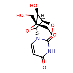 Chemical structure of 1-[(1R,5R,7R,8S)-8-hydroxy-5-(hydroxymethyl)-2,6-dioxabicyclo[3.2.1]octan-7-yl]-1,2,3,4-tetrahydropyrimidine-2,4-dione , CAS 287737-47-7, AChemBlock AD271318