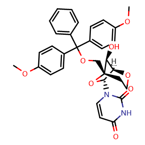 Chemical structure of 1-[(1R,5R,7R,8S)-5-[(bis(4-methoxyphenyl)(phenyl)methoxy)methyl]-8-hydroxy-2,6-dioxabicyclo[3.2.1]octan-7-yl]-1,2,3,4-tetrahydropyrimidine-2,4-dione , CAS 287737-48-8, AChemBlock AD271319