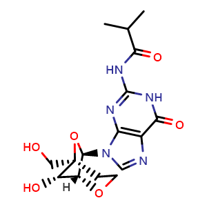 Chemical structure of N-(9-[(1R,5R,7R,8S)-8-hydroxy-5-(hydroxymethyl)-2,6-dioxabicyclo[3.2.1]octan-7-yl]-6-oxo-6,9-dihydro-1H-purin-2-yl)-2-methylpropanamide , CAS 287737-56-8, AChemBlock AD271320