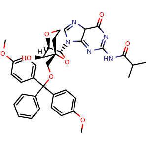 Chemical structure of N-(9-[(1R,5R,7R,8S)-5-[(bis(4-methoxyphenyl)(phenyl)methoxy)methyl]-8-hydroxy-2,6-dioxabicyclo[3.2.1]octan-7-yl]-6-oxo-6,9-dihydro-5H-purin-2-yl)-2-methylpropanamide , CAS 287737-57-9, AChemBlock AD271321