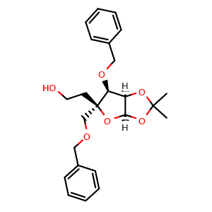 Chemical structure of 2-((3aR,5R,6S,6aR)-6-(benzyloxy)-5-((benzyloxy)methyl)-2,2-dimethyltetrahydrofuro[2,3-d][1,3]dioxol-5-yl)ethan-1-ol , CAS 287737-62-6, AChemBlock AD271322