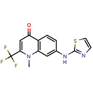 Chemical structure of 1-methyl-7-(thiazol-2-ylamino)-2-(trifluoromethyl)quinolin-4(1H)-one , CAS 2883710-46-9, AChemBlock AD271325