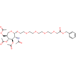 Chemical structure of Benzyl 14-{[(2R,3R,4R,5R,6R)-4,5-bis(acetyloxy)-6-[(acetyloxy)methyl]-3-acetamidooxepan-2-yl]oxy}-3,6,9,12-tetraoxatetradecanoate , CAS 2904555-11-7, AChemBlock AD271331