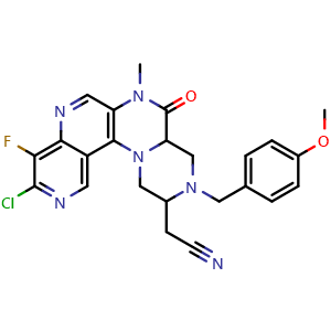 Chemical structure of 2-(15-chloro-14-fluoro-5-[(4-methoxyphenyl)methyl]-9-methyl-8-oxo-2,5,9,12,16-pentaazatetracyclo[8.8.0.0,{2,7}.0,{13,18}]octadeca-1(10),11,13,15,17-pentaen-4-yl)acetonitrile , CAS 2918976-04-0, AChemBlock AD271340
