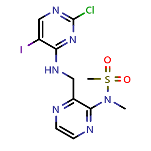 Chemical structure of N-(3-(((2-chloro-5-iodopyrimidin-4-yl)amino)methyl)pyrazin-2-yl)-N-methylmethanesulfonamide , CAS 2919213-53-7, AChemBlock AD271341