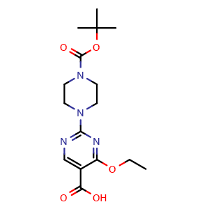 Chemical structure of 2-(4-(tert-butoxycarbonyl)piperazin-1-yl)-4-ethoxypyrimidine-5-carboxylic acid , CAS 2938191-11-6, AChemBlock AD271351