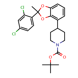 Chemical structure of tert-butyl 4-(2-(2,4-dichlorophenyl)-2-methylbenzo[d][1,3]dioxol-4-yl)piperidine-1-carboxylate , CAS 2973314-43-9, AChemBlock AD271358