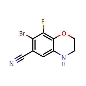Chemical structure of 7-bromo-8-fluoro-3,4-dihydro-2H-benzo[b][1,4]oxazine-6-carbonitrile , CAS 2977256-30-5, AChemBlock AD271359