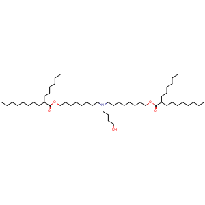 Chemical structure of 8-[(8-[(2-hexyldecanoyl)oxy]octyl)(4-hydroxybutyl)amino]octyl 2-hexyldecanoate , CAS 2985009-46-7, AChemBlock AD271360