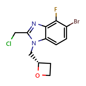 Chemical structure of (S)-5-bromo-2-(chloromethyl)-4-fluoro-1-(oxetan-2-ylmethyl)-1H-benzo[d]imidazole , CAS 2988847-32-9, AChemBlock AD271364