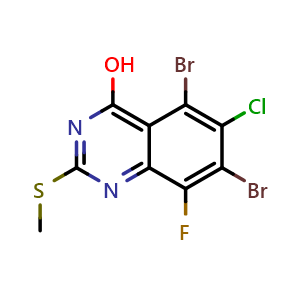 Chemical structure of 5,7-dibromo-6-chloro-8-fluoro-2-(methylthio)quinazolin-4-ol , CAS 3001418-25-0, AChemBlock AD271367