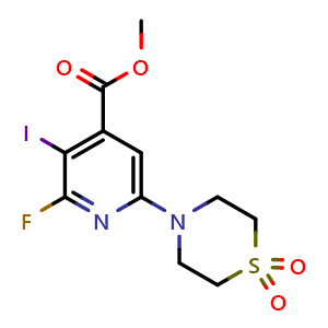 Chemical structure of Methyl 6-(1,1-dioxidothiomorpholino)-2-fluoro-3-iodoisonicotinate , CAS 3002968-26-2, AChemBlock AD271368