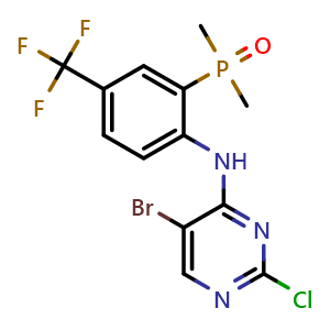 Chemical structure of (2-((5-bromo-2-chloropyrimidin-4-yl)amino)-5-(trifluoromethyl)phenyl)dimethylphosphine oxide , CAS 3029622-80-5, AChemBlock AD271379