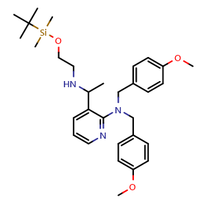 Chemical structure of 3-(1-[(2-[(tert-butyldimethylsilyl)oxy]ethyl)amino]ethyl)-N,N-bis[(4-methoxyphenyl)methyl]pyridin-2-amine , CAS 3029914-93-7, AChemBlock AD271380