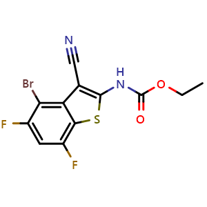 Chemical structure of ethyl (4-bromo-3-cyano-5,7-difluorobenzo[b]thiophen-2-yl)carbamate , CAS 3030723-51-1, AChemBlock AD271381