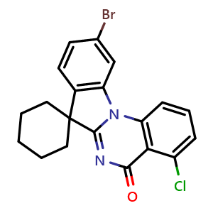 Chemical structure of 10'-bromo-4'-chloro-5'H-spiro[cyclohexane-1,7'-indolo[1,2-a]quinazolin]-5'-one , CAS 3033736-23-8, AChemBlock AD271383