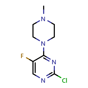 Chemical structure of 2-chloro-5-fluoro-4-(4-methylpiperazin-1-yl)pyrimidine , CAS 385390-91-0, AChemBlock AD271415