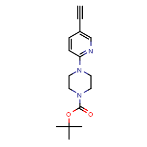 Chemical structure of tert-butyl 4-(5-ethynylpyridin-2-yl)piperazine-1-carboxylate , CAS 497915-48-7, AChemBlock AD271439