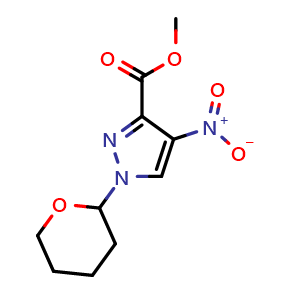 Chemical structure of Methyl 4-nitro-1-(tetrahydro-2H-pyran-2-yl)-1H-pyrazole-3-carboxylate , CAS 518990-77-7, AChemBlock AD271450