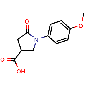 Chemical structure of 1-(4-methoxyphenyl)-5-oxopyrrolidine-3-carboxylic acid , CAS 56617-47-1, AChemBlock AD271470