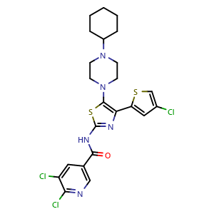 Chemical structure of 5,6-dichloro-N-(4-(4-chlorothiophen-2-yl)-5-(4-cyclohexylpiperazin-1-yl)thiazol-2-yl)nicotinamide , CAS 570403-04-2, AChemBlock AD271475