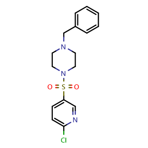 Chemical structure of 1-benzyl-4-[(6-chloropyridin-3-yl)sulfonyl]piperazine , CAS 612487-50-0, AChemBlock AD271489