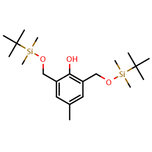 Chemical structure of 2,6-bis({[(tert-butyldimethylsilyl)oxy]methyl})-4-methylphenol , CAS 633314-21-3, AChemBlock AD271497