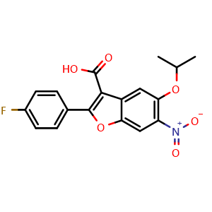 Chemical structure of 2-(4-fluorophenyl)-5-isopropoxy-6-nitrobenzofuran-3-carboxylic acid , CAS 691857-03-1, AChemBlock AD271514