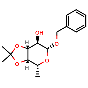 Chemical structure of (3aS,4R,6R,7R,7aR)-6-(benzyloxy)-2,2,4-trimethyl-hexahydro-[1,3]dioxolo[4,5-c]pyran-7-ol , CAS 78120-07-7, AChemBlock AD271537