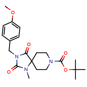 Chemical structure of tert-butyl 3-[(4-methoxyphenyl)methyl]-1-methyl-2,4-dioxo-1,3,8-triazaspiro[4.5]decane-8-carboxylate , CAS 848076-55-1, AChemBlock AD271552
