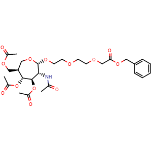 Chemical structure of benzyl 2-(2-(2-{[(2R,3R,4R,5R,6R)-4,5-bis(acetyloxy)-6-[(acetyloxy)methyl]-3-acetamidooxepan-2-yl]oxy}ethoxy)ethoxy)acetate , CAS 859436-30-9, AChemBlock AD271566