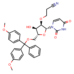 Chemical structure of 3-{[(2R,3R,4R,5R)-5-[(bis(4-methoxyphenyl)(phenyl)methoxy)methyl]-2-(2,4-dioxo-1,2,3,4-tetrahydropyrimidin-1-yl)-4-hydroxyoxolan-3-yl]oxy}propanenitrile , CAS 864837-14-9, AChemBlock AD271570