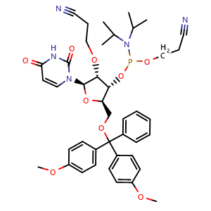Chemical structure of 3-{[(2R,3R,4R,5R)-5-[(bis(4-methoxyphenyl)(phenyl)methoxy)methyl]-4-{[(bis(propan-2-yl)amino)(2-cyanoethoxy)phosphanyl]oxy}-2-(2,4-dioxo-1,2,3,4-tetrahydropyrimidin-1-yl)oxolan-3-yl]oxy}propanenitrile , CAS 864837-15-0, AChemBlock AD271571
