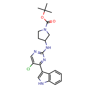 Chemical structure of tert-butyl 3-[(5-chloro-4-(1H-indol-3-yl)pyrimidin-2-yl)amino]pyrrolidine-1-carboxylate , CAS 882562-79-0, AChemBlock AD271589