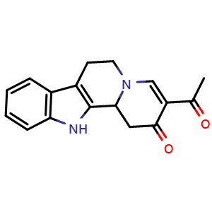 Chemical structure of 3-acetyl-6,7,12,12b-tetrahydroindolo[2,3-a]quinolizin-2(1H)-one , CAS 93631-34-6, AChemBlock AD271629