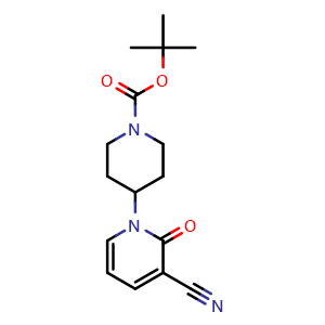Chemical structure of tert-Butyl 4-(3-cyano-2-oxo-1,2-dihydropyridin-1-yl)piperidine-1-carboxylate , CAS 950196-60-8, AChemBlock AD271642