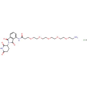 Chemical structure of 1-amino-N-(2-(2,6-dioxopiperidin-3-yl)-1,3-dioxo-2,3-dihydro-1H-isoindol-4-yl)-3,6,9,12,15-pentaoxaoctadecan-18-amide hydrochloride , AChemBlock AD271656