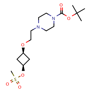 Chemical structure of tert-butyl 4-(2-((1s,3s)-3-((methylsulfonyl)oxy)cyclobutoxy)ethyl)piperazine-1-carboxylate , AChemBlock AD271660