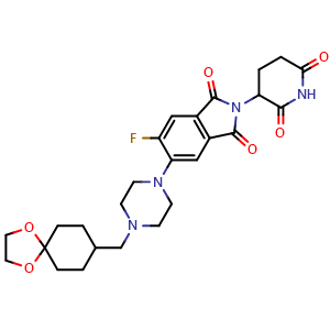 Chemical structure of 5-(4-[(1,4-dioxaspiro[4.5]decan-8-yl)methyl]piperazin-1-yl)-2-(2,6-dioxopiperidin-3-yl)-6-fluoro-2,3-dihydro-1H-isoindole-1,3-dione , AChemBlock AD271661