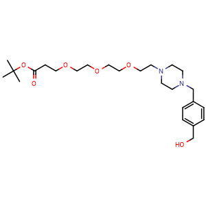 Chemical structure of tert-butyl 3-(2-(2-(2-(4-[(4-(hydroxymethyl)phenyl)methyl]piperazin-1-yl)ethoxy)ethoxy)ethoxy)propanoate , AChemBlock AD271663
