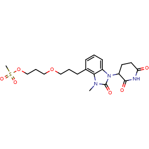 Chemical structure of 3-(3-(1-(2,6-dioxopiperidin-3-yl)-3-methyl-2-oxo-2,3-dihydro-1H-benzo[d]imidazol-4-yl)propoxy)propyl methanesulfonate , AChemBlock AD271665
