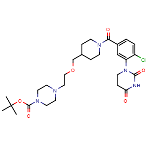 Chemical structure of 1-Piperazinecarboxylic acid, 4-[2-[[1-[4-chloro-3-(tetrahydro-2,4-dioxo-1(2H)-pyrimidinyl)benzoyl]-4-piperidinyl]methoxy]ethyl]-, 1,1-dimethylethyl ester , CAS 3027978-37-3, AChemBlock AD271682