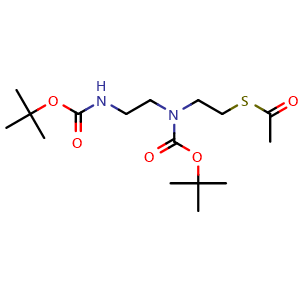 Chemical structure of tert-Butyl N-(2-[(2-(acetylsulfanyl)ethyl)[(tert-butoxy)carbonyl]amino]ethyl)carbamate , AChemBlock AD271689